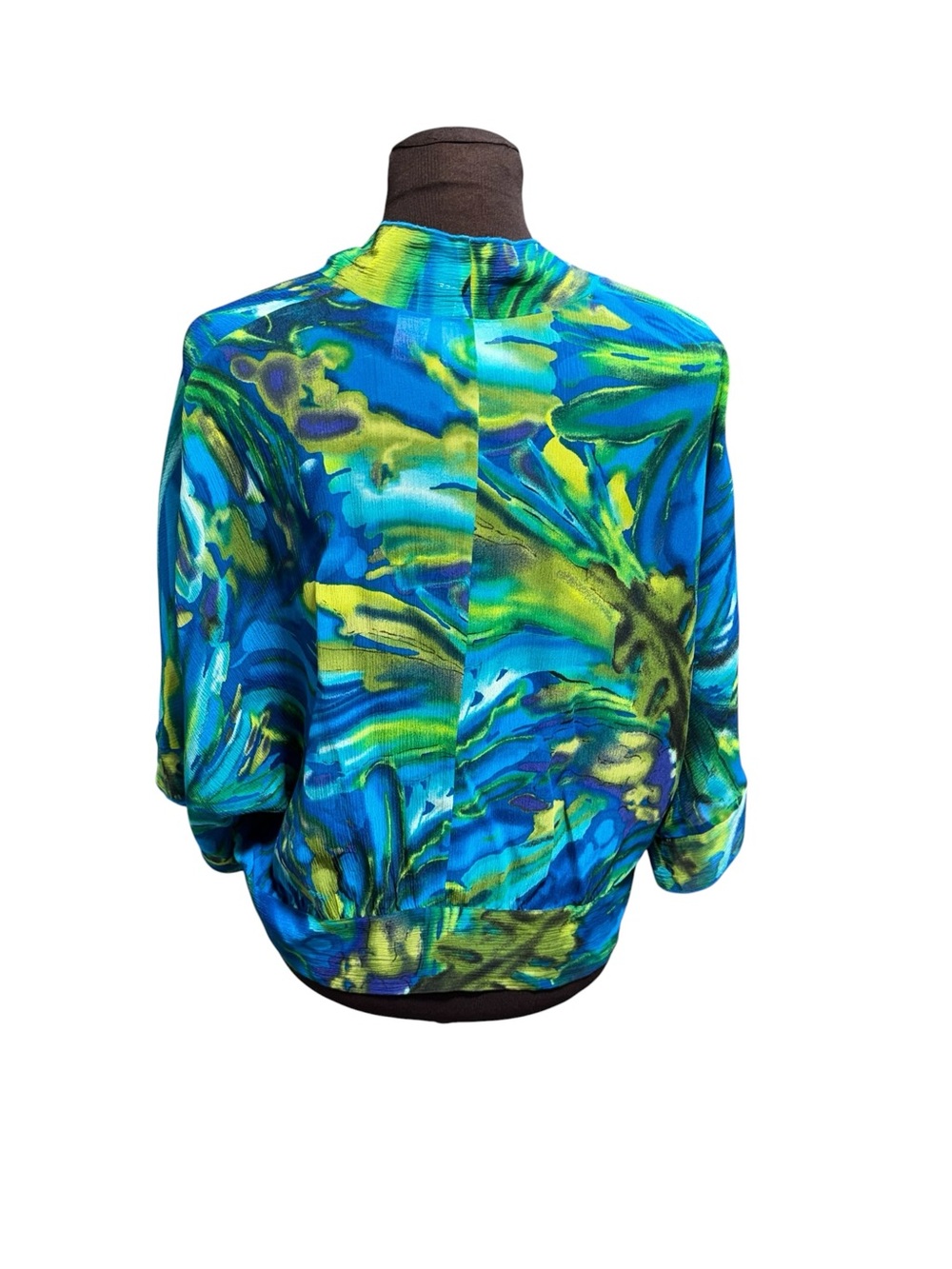 Chico’s 100% Silk Boho Kimono Top Blue Green Tie Front Beach Resort Size 1 M - Picture 2 of 6